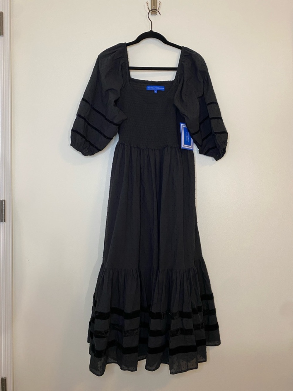 Maxwell and Geraldine NWT The Lucy Long Cotton Black Puff Sleeve Midi Dress Med